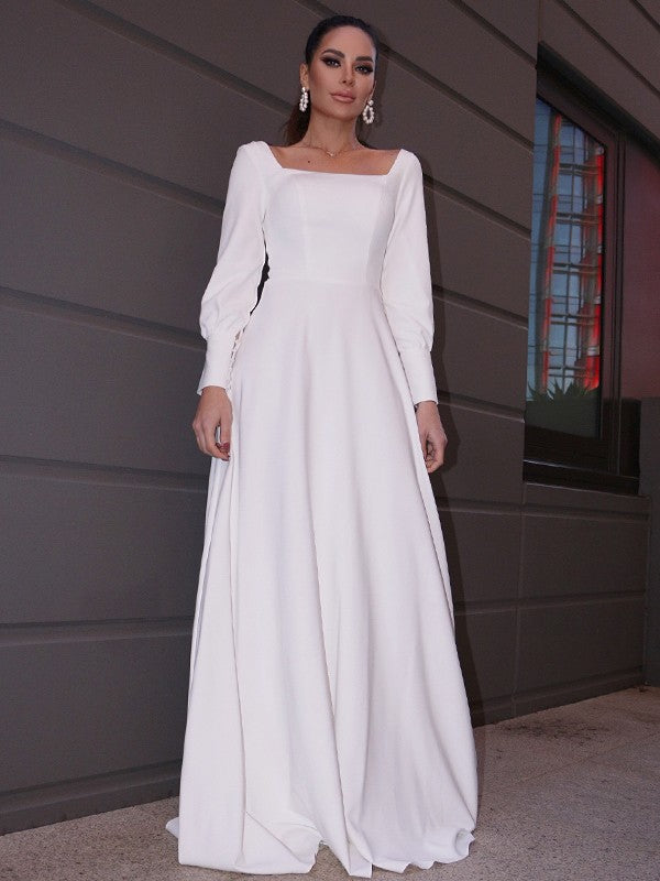Wholesale A-Line/Princess Stretch Crepe Ruffles Long Sleeves Square Sweep/Brush Train Wedding Dresses